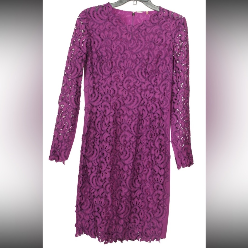 Elie Tahari Women’s Dress 4 Purple Sheath Long Sleeve Lined Lace Stretch